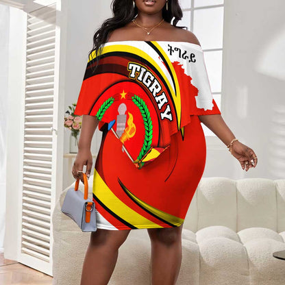 Ethiopia Tigray Off Shoulder Short Dress Revolution Emblem Freedom Fighters and Flag