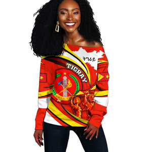 Ethiopia Tigray Off Shoulder Sweater Revolution Emblem Freedom Fighters and Flag