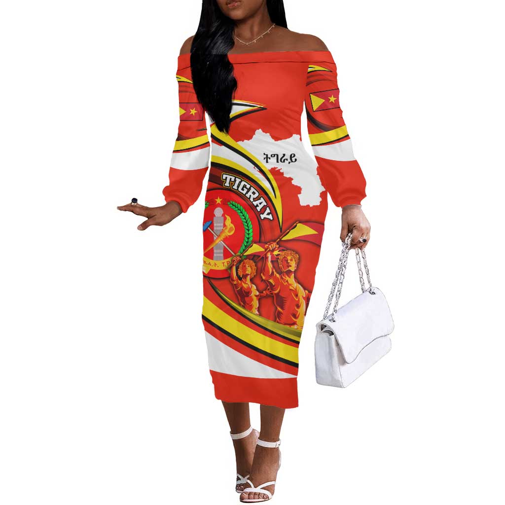 Ethiopia Tigray Off The Shoulder Long Sleeve Dress Revolution Emblem Freedom Fighters and Flag