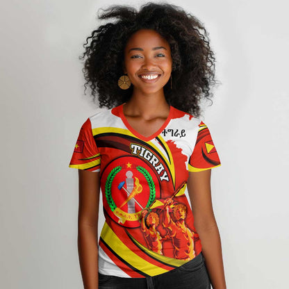 Ethiopia Tigray Women V-Neck T-Shirt Revolution Emblem Freedom Fighters and Flag