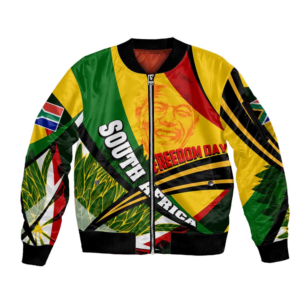 South Africa Freedom Day Mandela Sleeve Zip Bomber Jacket National Pride Protea Flower