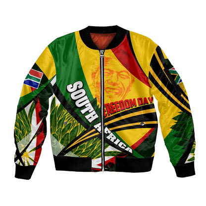 South Africa Freedom Day Mandela Sleeve Zip Bomber Jacket National Pride Protea Flower