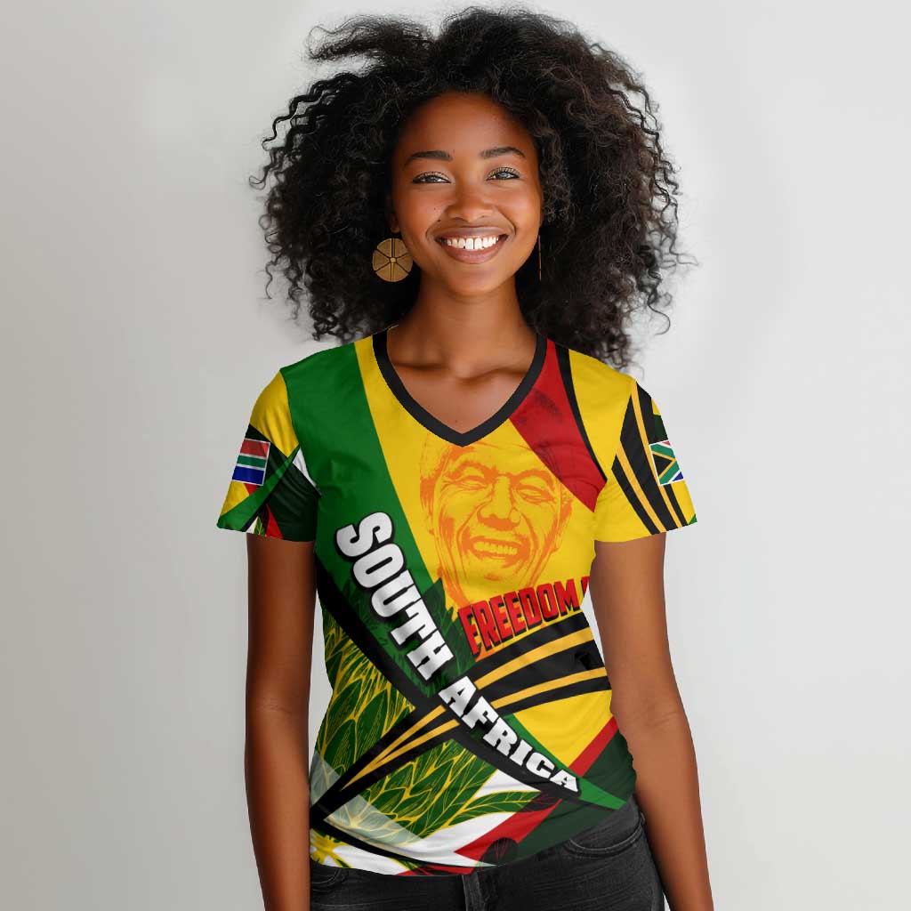 South Africa Freedom Day Mandela Women V-Neck T-Shirt National Pride Protea Flower