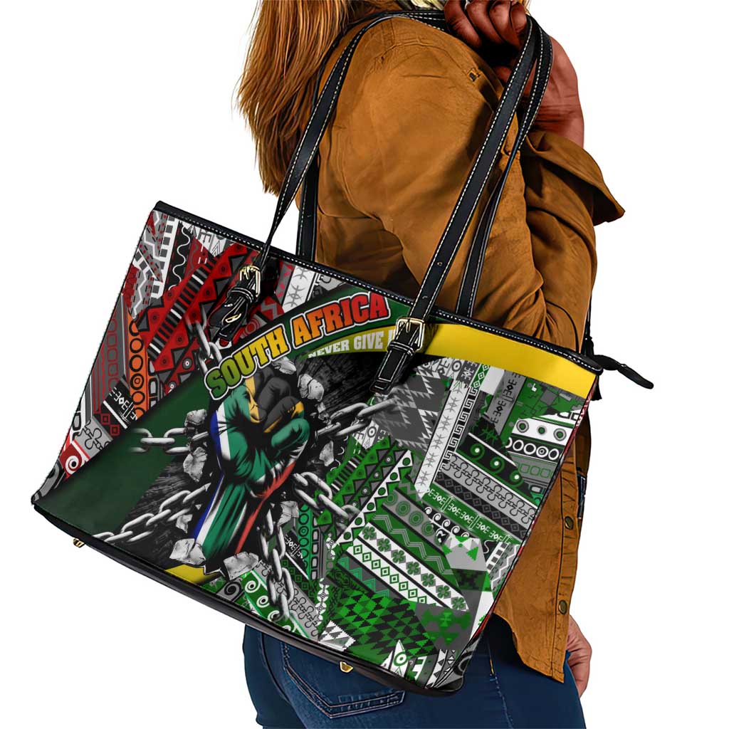 South Africa Fist of Freedom Leather Tote Bag Never Give Up