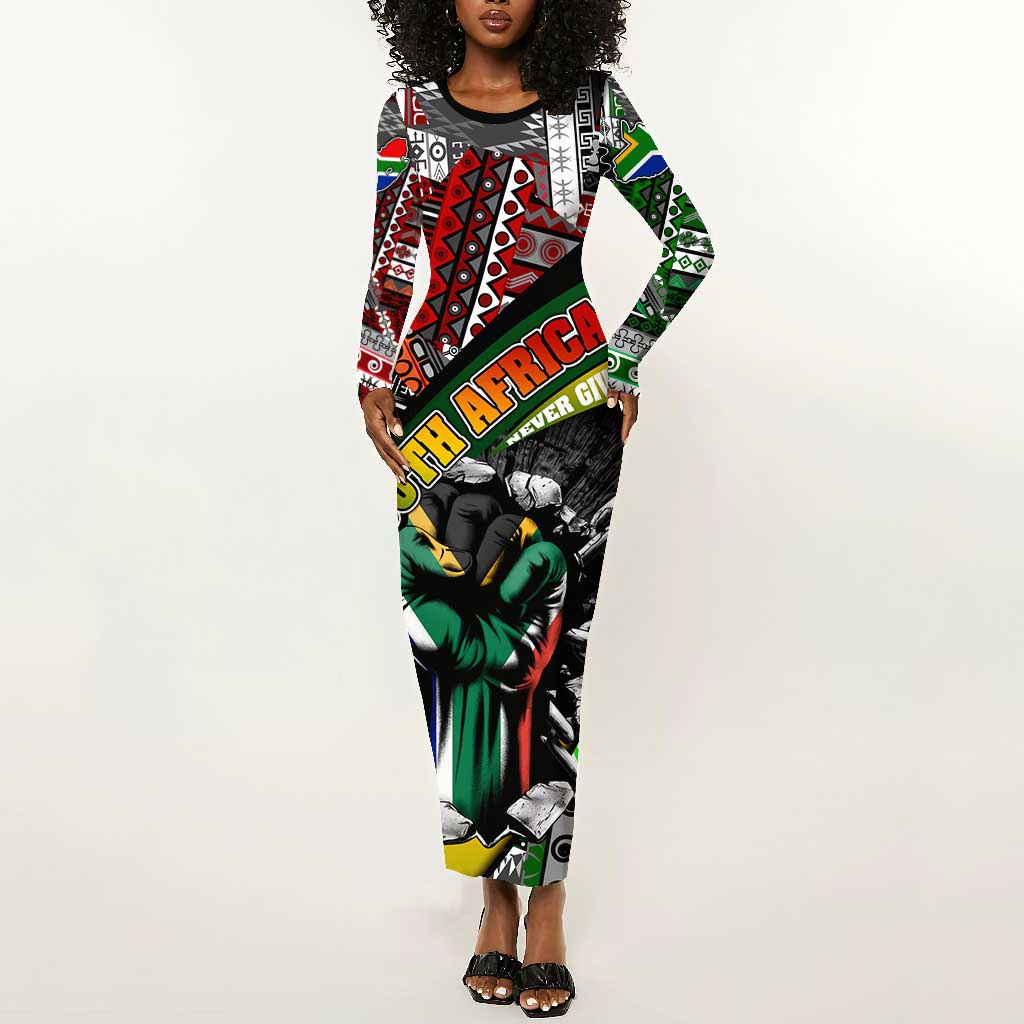South Africa Fist of Freedom Long Sleeve Bodycon Dress Never Give Up DT02
