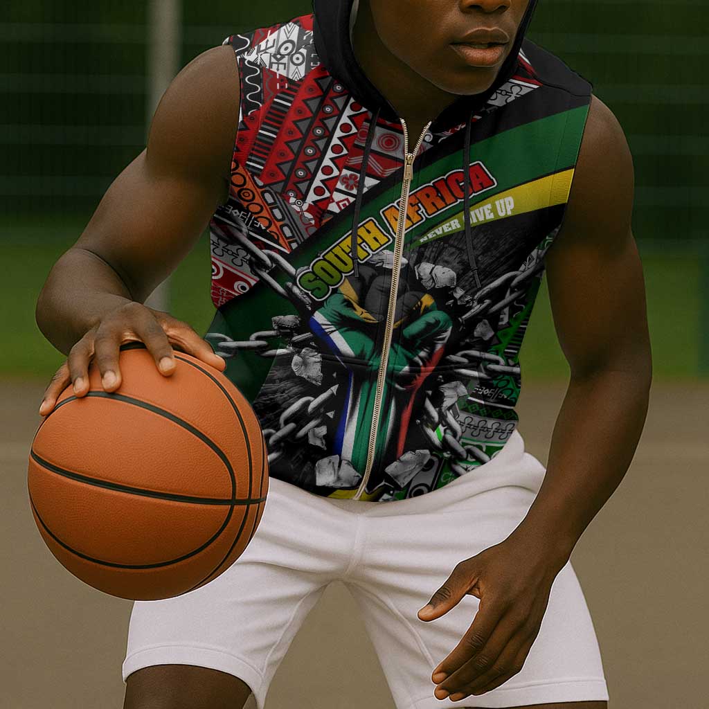 South Africa Fist of Freedom Sleeveless Zip Hoodie Never Give Up - African Pride