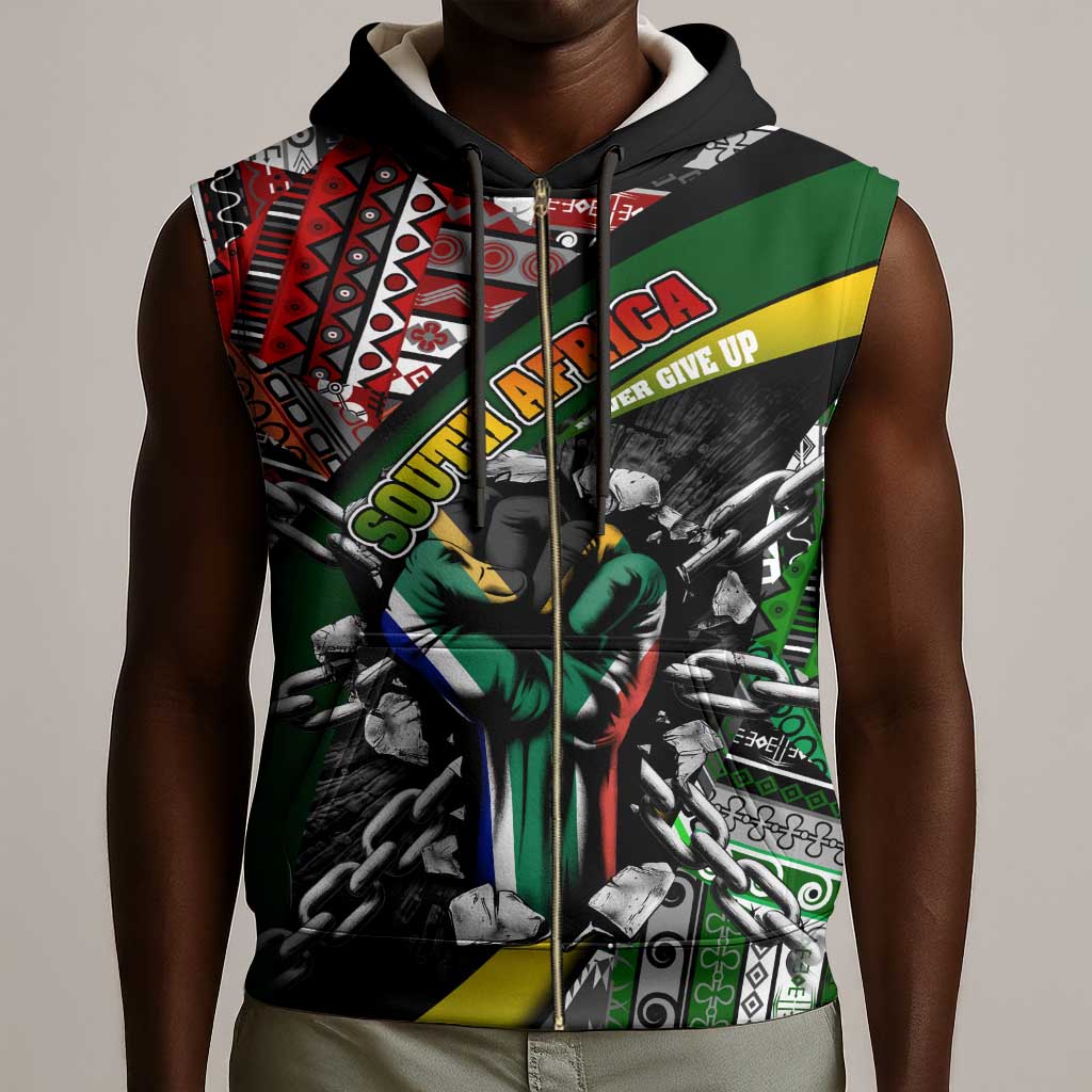 South Africa Fist of Freedom Sleeveless Zip Hoodie Never Give Up - African Pride
