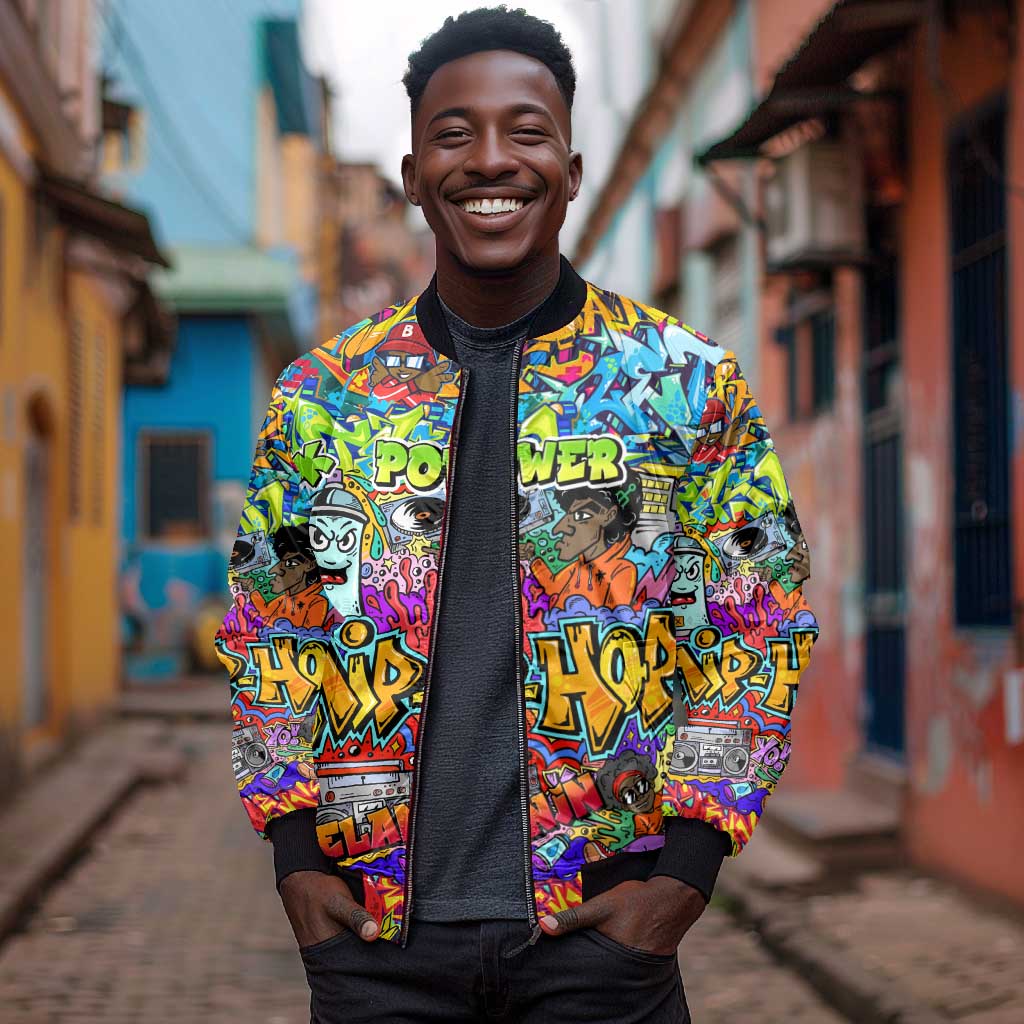 Hip Hop Graffiti Art Bomber Jacket Black Power