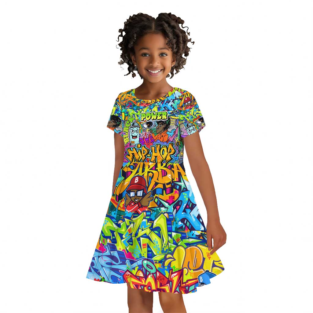 Hip Hop Graffiti Art Kid Short Sleeve Dress Black Power