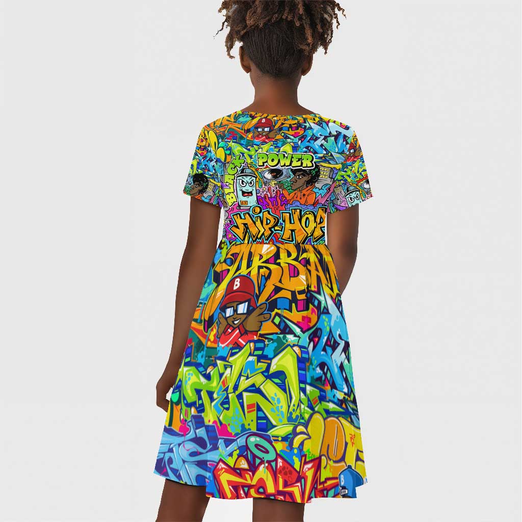 Hip Hop Graffiti Art Kid Short Sleeve Dress Black Power
