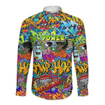 Hip Hop Graffiti Art Long Sleeve Button Shirt Black Power