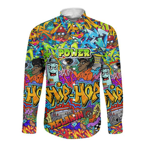 Hip Hop Graffiti Art Long Sleeve Button Shirt Black Power