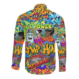Hip Hop Graffiti Art Long Sleeve Button Shirt Black Power