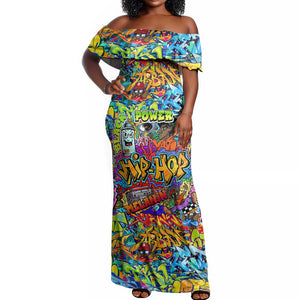 Hip Hop Graffiti Art Off Shoulder Maxi Dress Black Power