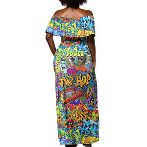 Hip Hop Graffiti Art Off Shoulder Maxi Dress Black Power