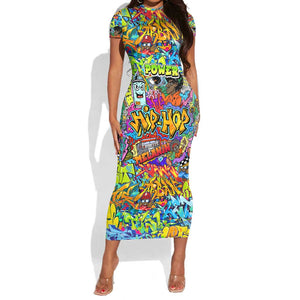 Hip Hop Graffiti Art Short Sleeve Bodycon Dress Black Power DT02