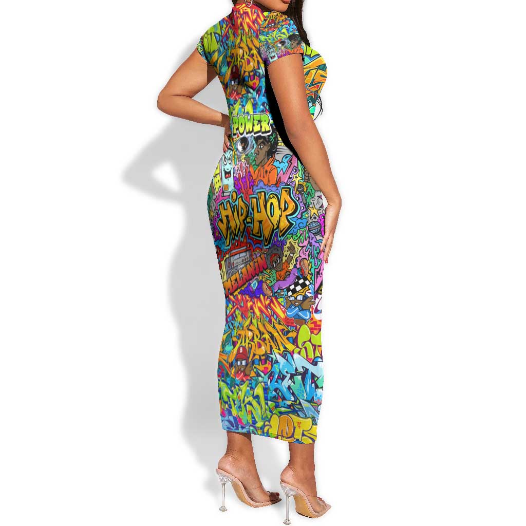 Hip Hop Graffiti Art Short Sleeve Bodycon Dress Black Power DT02