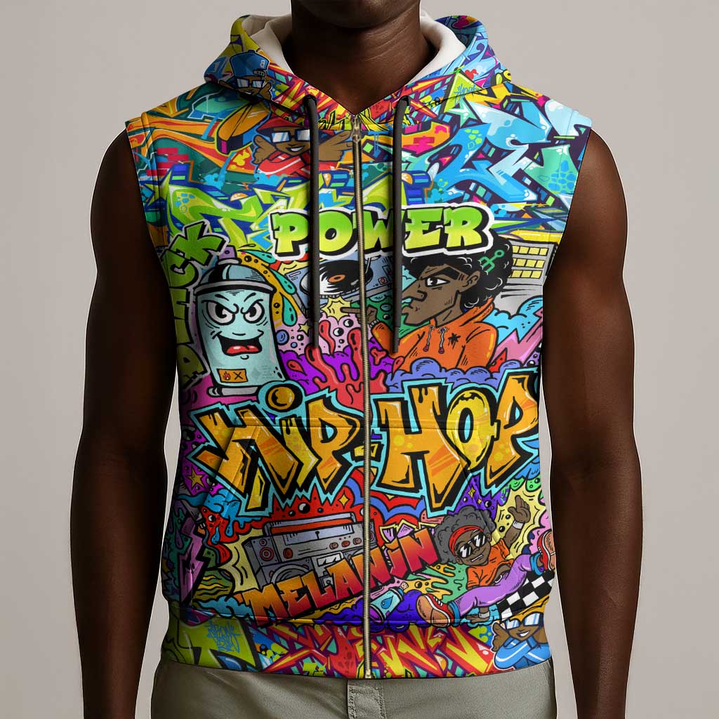 Hip Hop Graffiti Art Sleeveless Zip Hoodie Black Power - African Pride