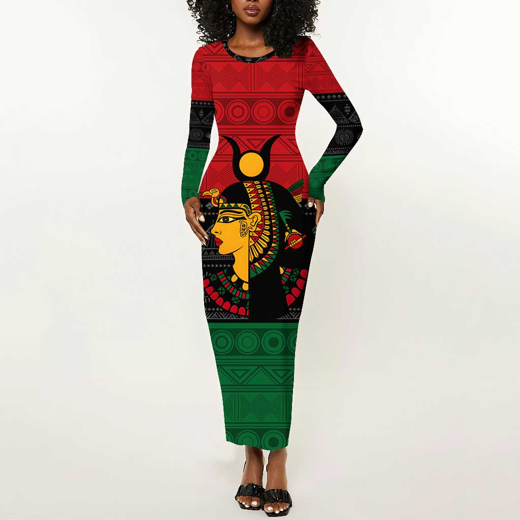 Personalized Queen of Egypt Long Sleeve Bodycon Dress in Pan-African Colors DT02