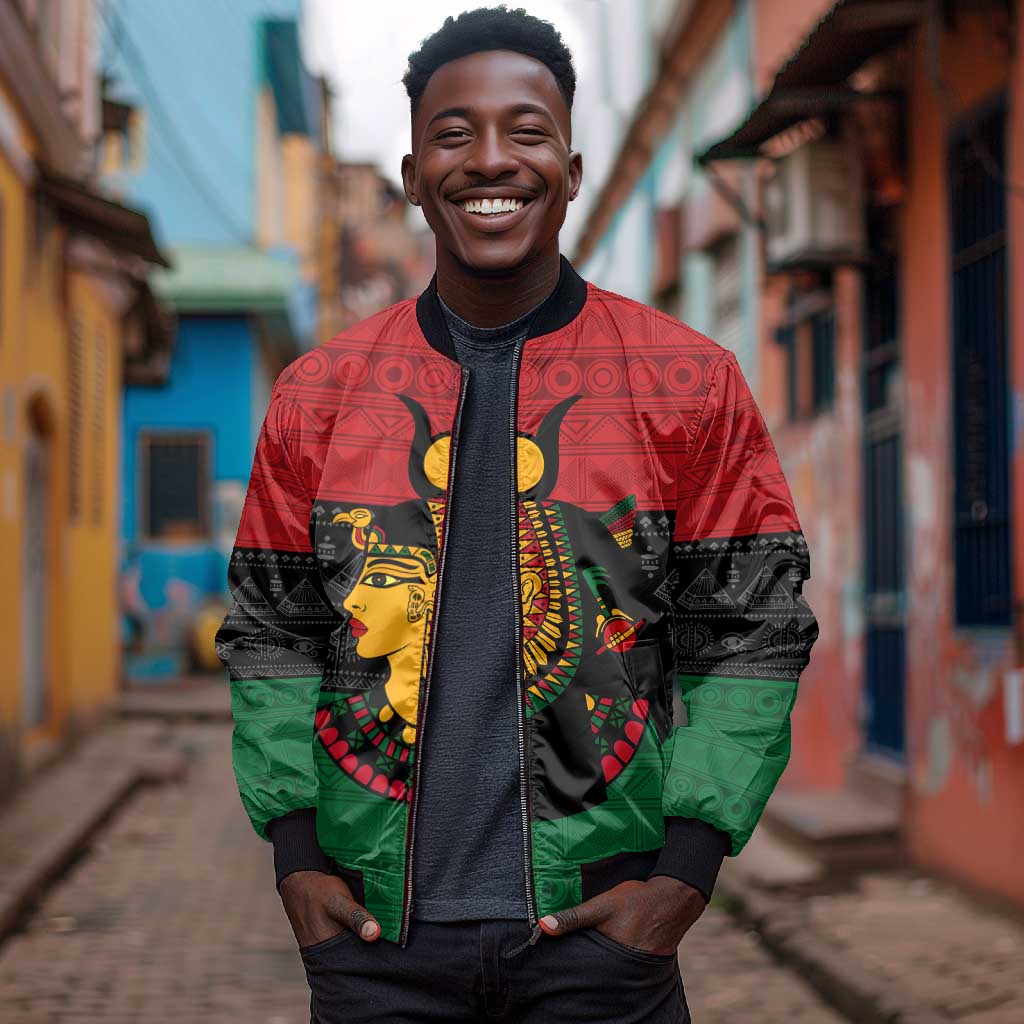 Personalized Queen of Egypt Sleeve Zip Bomber Jacket in Pan-African Colors