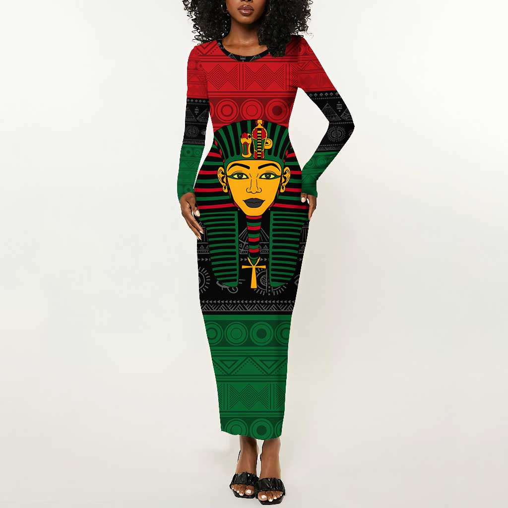 Personalized Ancient Egypt Long Sleeve Bodycon Dress - Pharaoh in Pan-African Colors DT02
