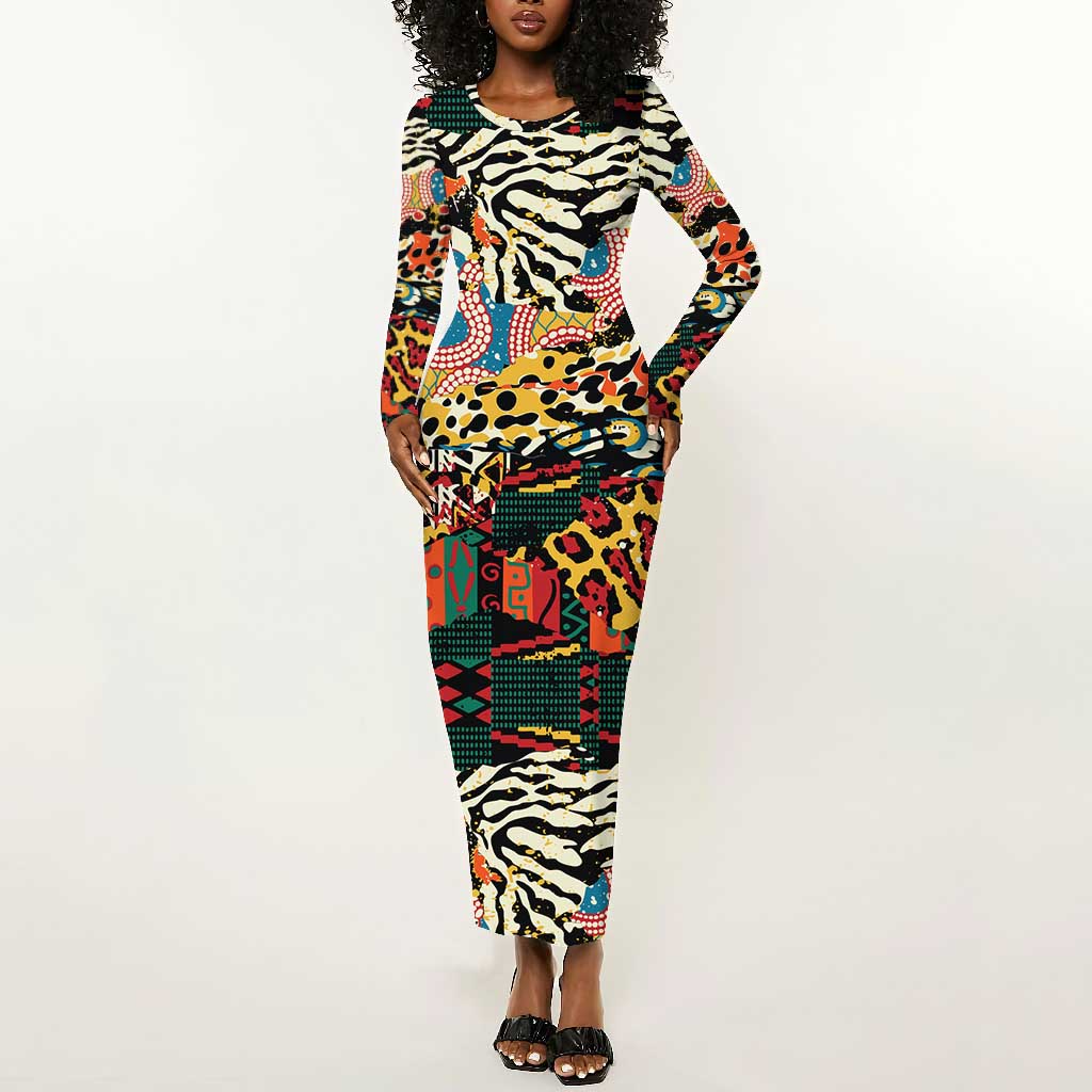 African Wildlife Long Sleeve Bodycon Dress Animal Pattern DT02