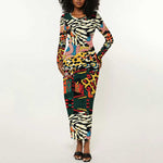African Wildlife Long Sleeve Bodycon Dress Animal Pattern DT02