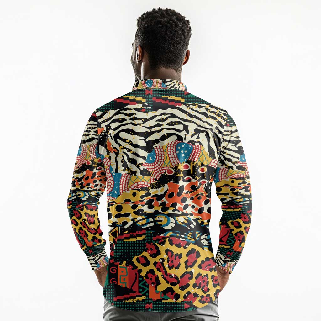 African Wildlife Long Sleeve Polo Shirt Animal Pattern