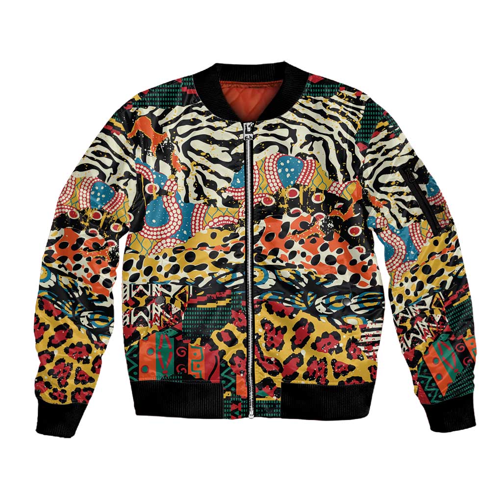 African Wildlife Sleeve Zip Bomber Jacket Animal Pattern