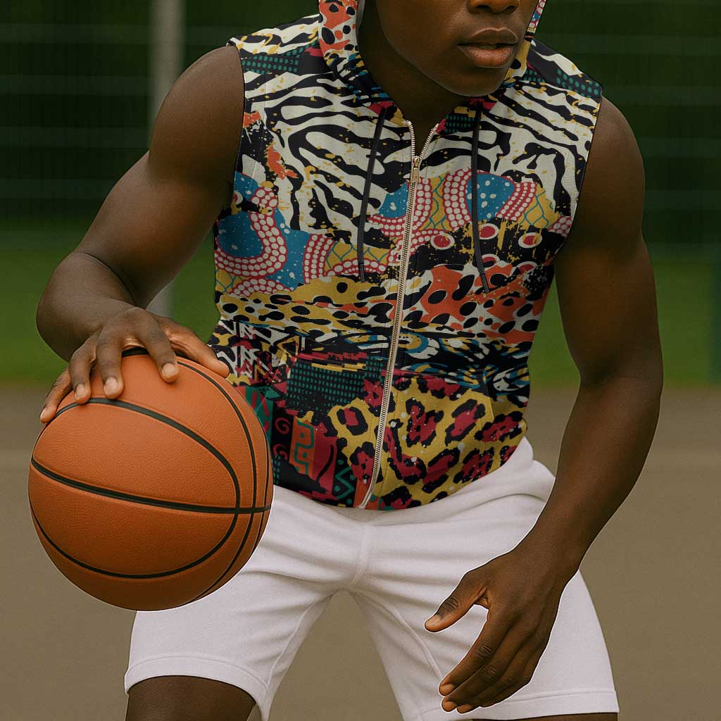 African Wildlife Sleeveless Zip Hoodie Animal Pattern - African Pride