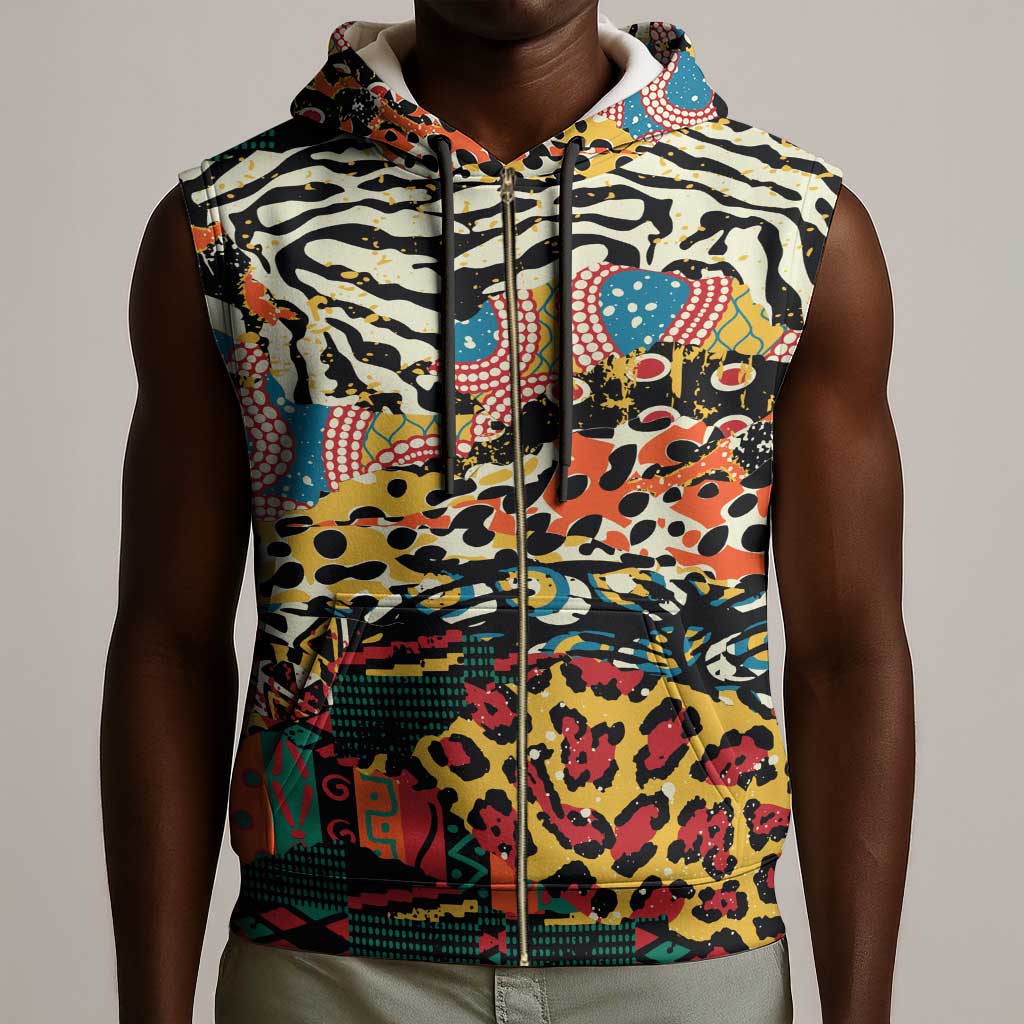 African Wildlife Sleeveless Zip Hoodie Animal Pattern - African Pride