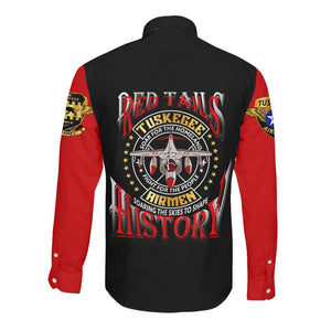 Red Tails Tuskegee Airmen Long Sleeve Button Shirt Black History Fighter Plane Patriotic Tribute - African Pride