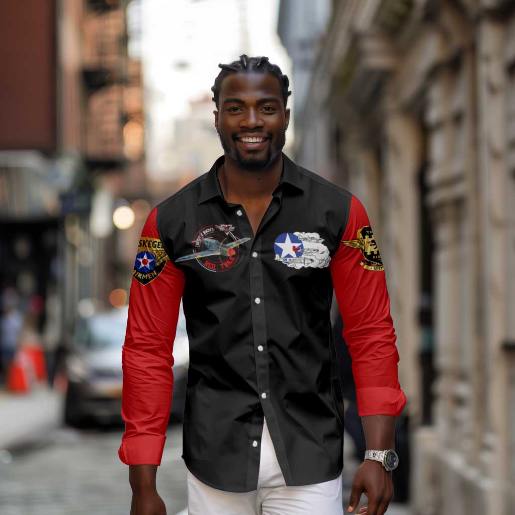Red Tails Tuskegee Airmen Long Sleeve Button Shirt Black History Fighter Plane Patriotic Tribute - African Pride