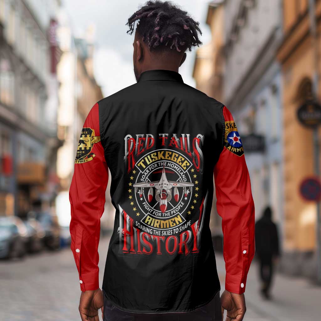 Red Tails Tuskegee Airmen Long Sleeve Button Shirt Black History Fighter Plane Patriotic Tribute - African Pride