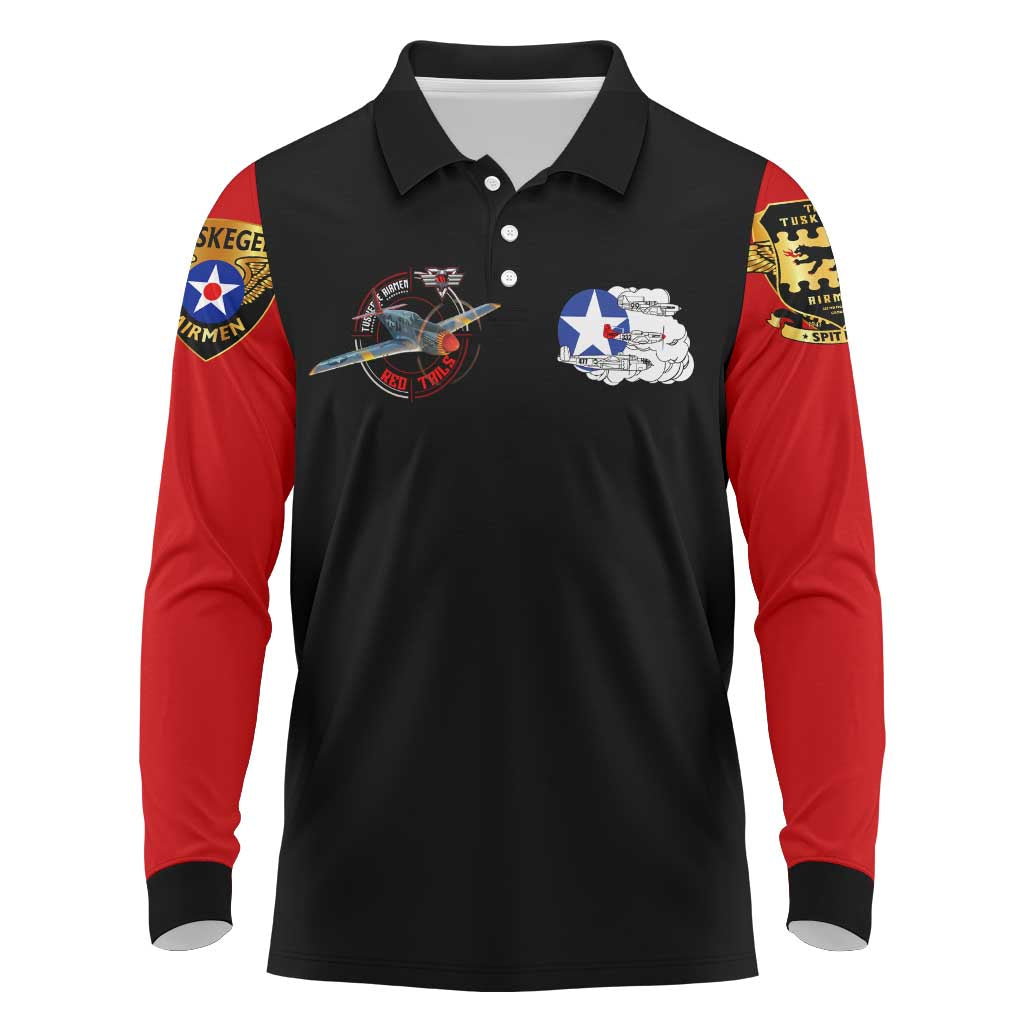 Red Tails Tuskegee Airmen Long Sleeve Polo Shirt Black History Fighter Plane Patriotic Tribute - African Pride