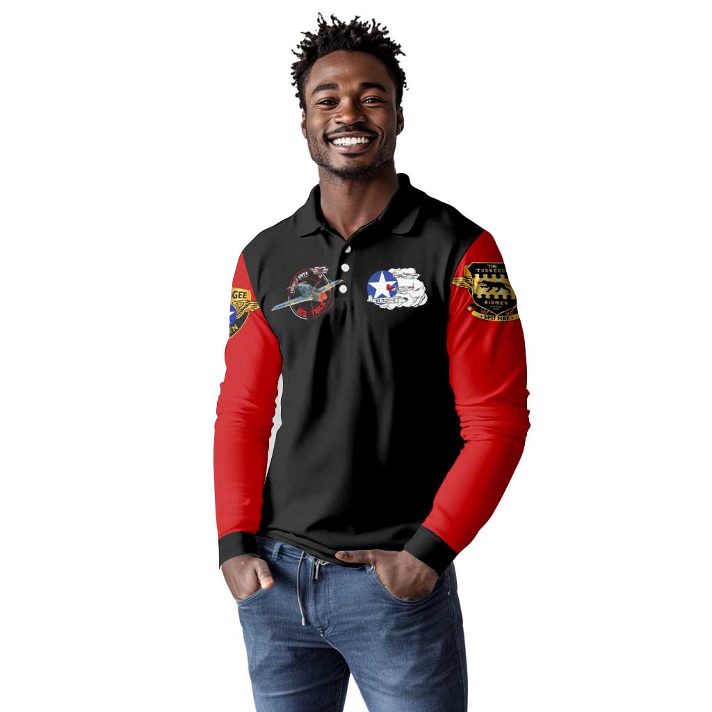 Red Tails Tuskegee Airmen Long Sleeve Polo Shirt Black History Fighter Plane Patriotic Tribute - African Pride