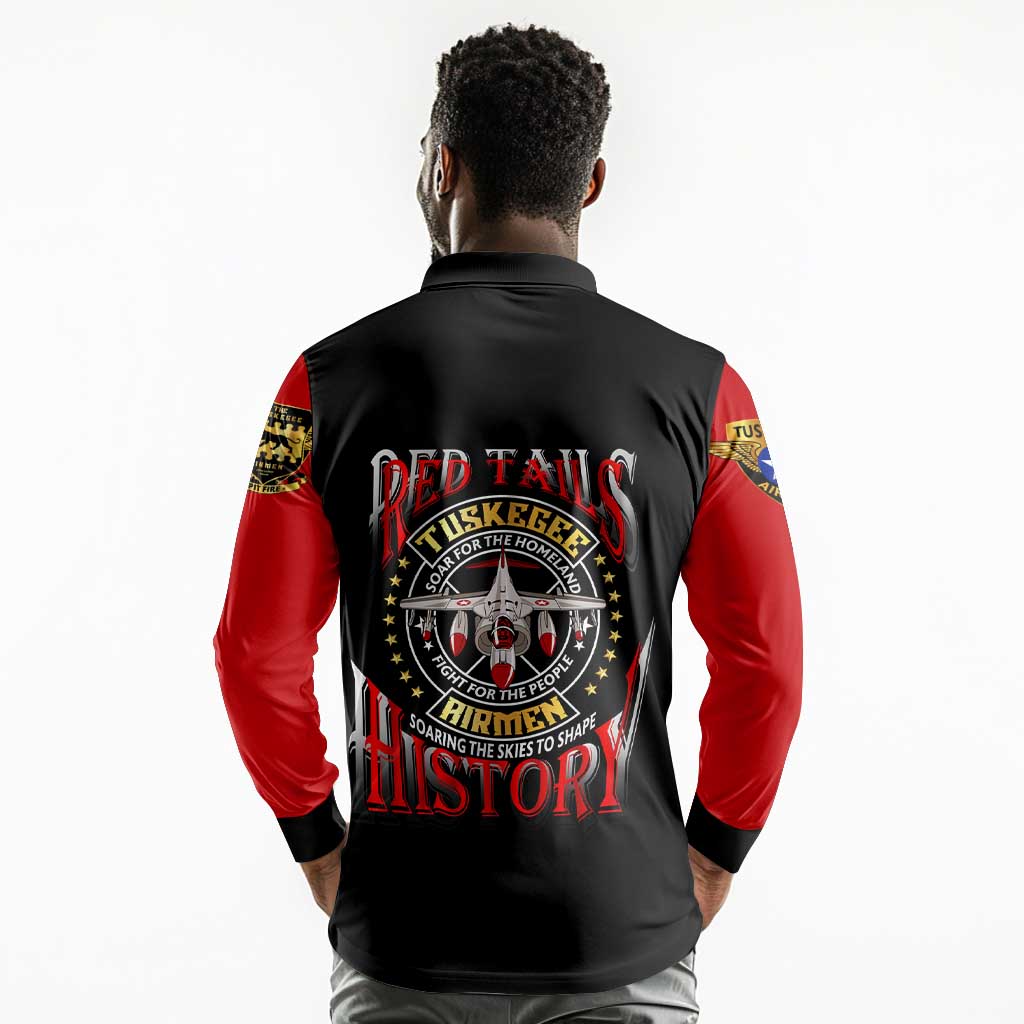 Red Tails Tuskegee Airmen Long Sleeve Polo Shirt Black History Fighter Plane Patriotic Tribute - African Pride