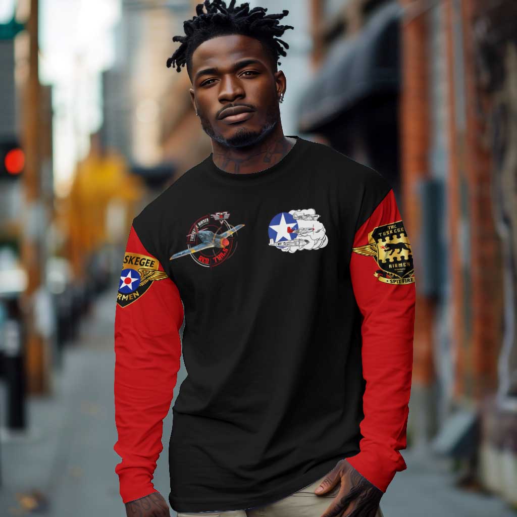 Red Tails Tuskegee Airmen Long Sleeve Shirt Black History Fighter Plane Patriotic Tribute - African Pride