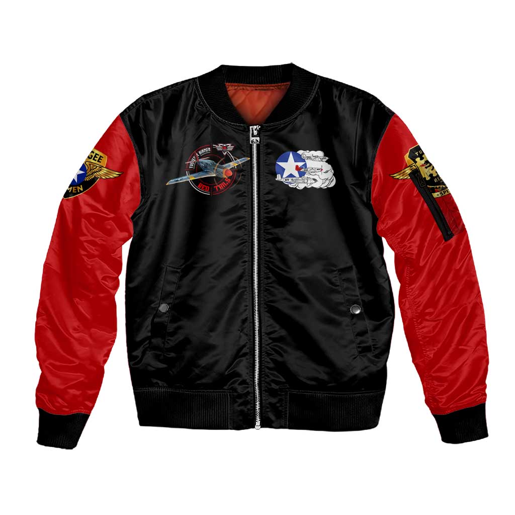 Red Tails Tuskegee Airmen Sleeve Zip Bomber Jacket Black History Fighter Plane Patriotic Tribute - African Pride