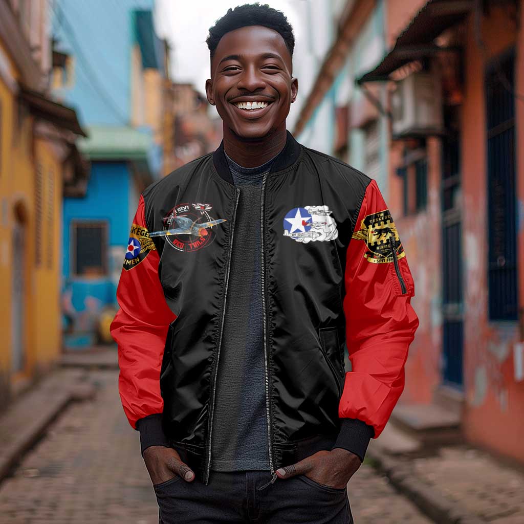 Red Tails Tuskegee Airmen Sleeve Zip Bomber Jacket Black History Fighter Plane Patriotic Tribute - African Pride