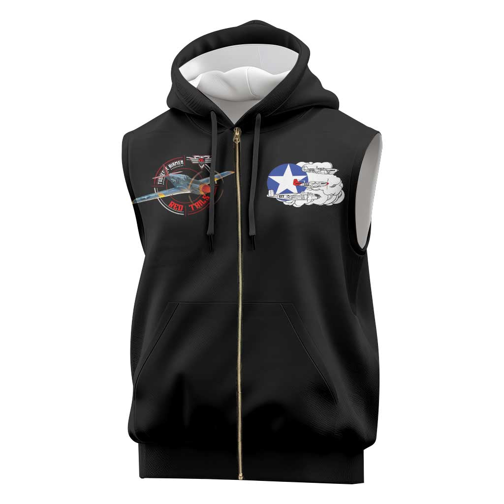 Red Tails Tuskegee Airmen Sleeveless Zip Hoodie Black History Fighter Plane Patriotic Tribute - African Pride