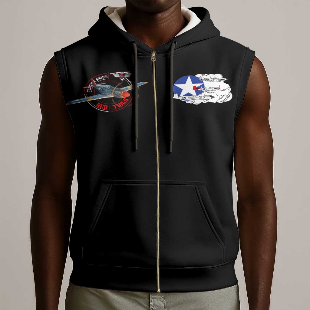 Red Tails Tuskegee Airmen Sleeveless Zip Hoodie Black History Fighter Plane Patriotic Tribute - African Pride