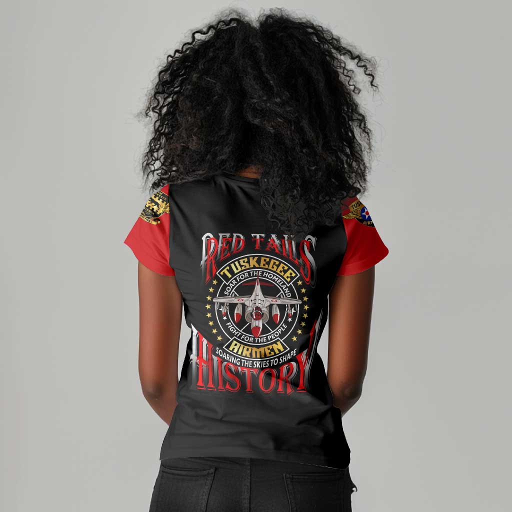 Red Tails Tuskegee Airmen Women V-Neck T-Shirt Black History Fighter Plane Patriotic Tribute - African Pride