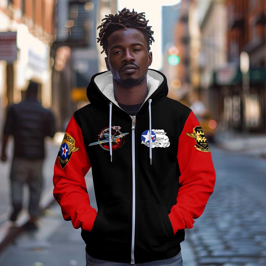 Red Tails Tuskegee Airmen Zip Hoodie Black History Fighter Plane Patriotic Tribute - African Pride