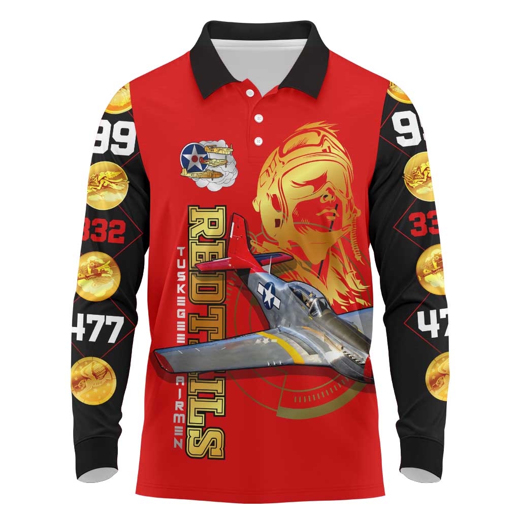 Tuskegee Red Tails Airmen Long Sleeve Polo Shirt African American WWII Fighter Pilot Legacy - African Pride