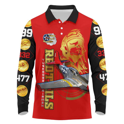 Tuskegee Red Tails Airmen Long Sleeve Polo Shirt African American WWII Fighter Pilot Legacy - African Pride