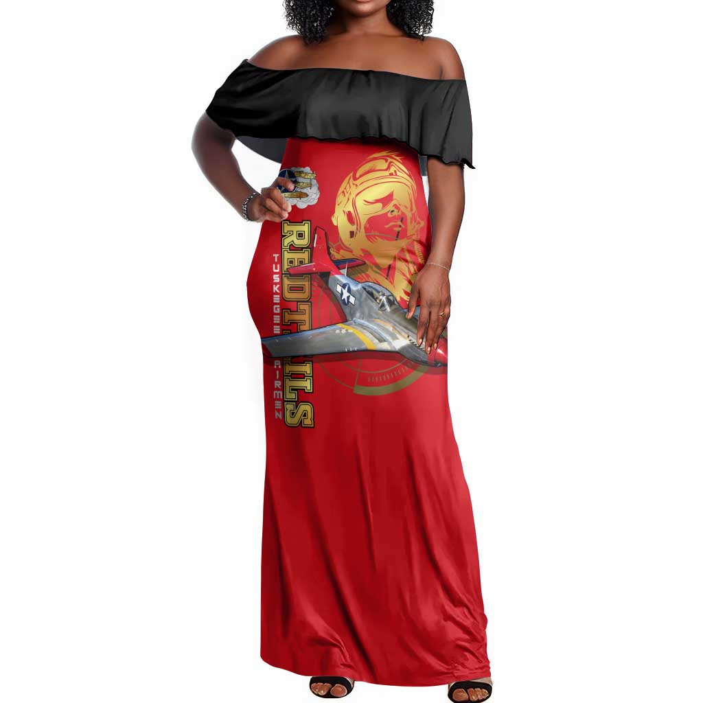 Tuskegee Red Tails Airmen Off Shoulder Maxi Dress African American WWII Fighter Pilot Legacy - African Pride