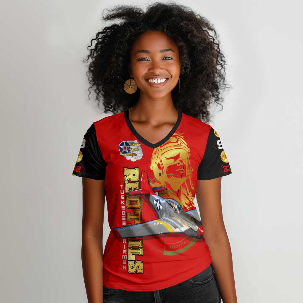 Tuskegee Red Tails Airmen Women V-Neck T-Shirt African American WWII Fighter Pilot Legacy - African Pride