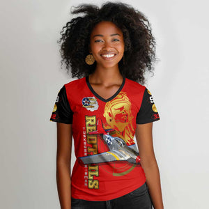 Tuskegee Red Tails Airmen Women V-Neck T-Shirt African American WWII Fighter Pilot Legacy - African Pride