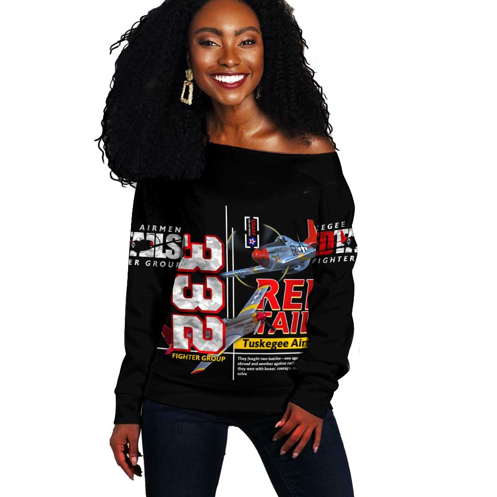 Red Tails Tuskegee Airmen Off Shoulder Sweater 332nd Fighter Group WWII Legacy Tribute - African Pride
